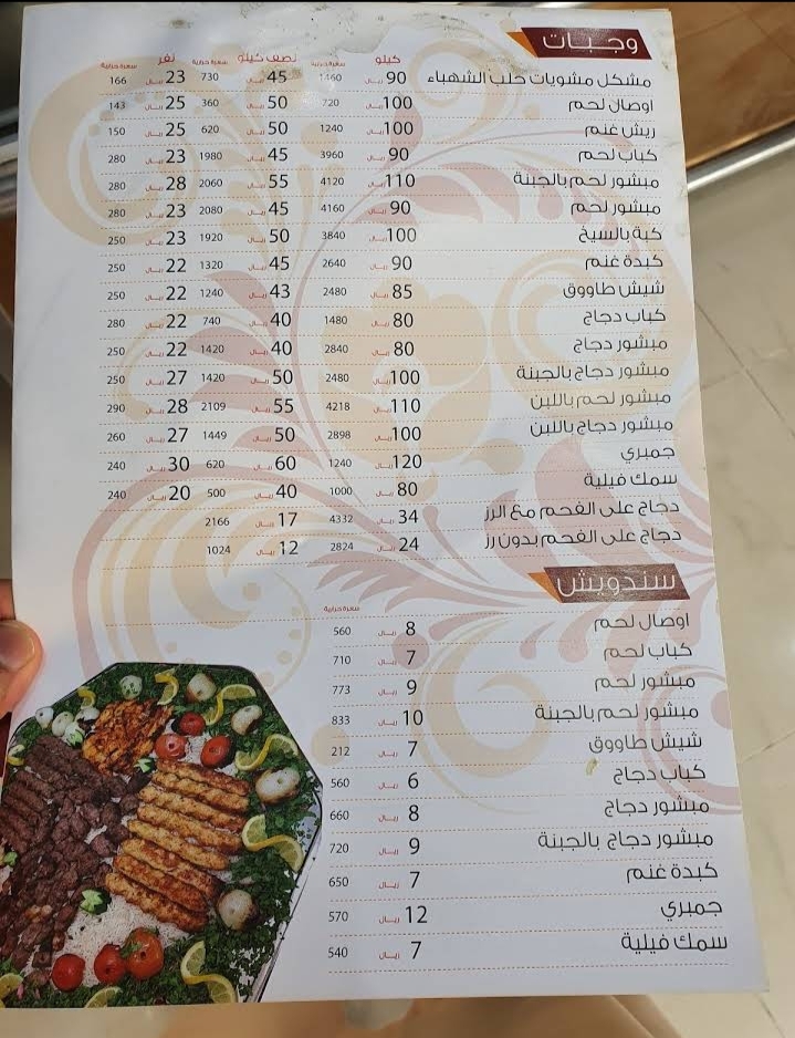 منيو مطعم مشاوي حلب الشهباء
